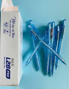 Bút bi L28 PRO màu xanh dương 0.5 mm 10 chiếc hộp giấy trắng thiết kế trong suốt dùng cho học sinh và văn phòng.