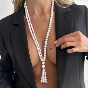 SHIXIN Elegant White Black Acrylic Beaded Chain Pendant Necklace for Women Korean Fashion Long Tassel Sweater Chain Boho Jewelry