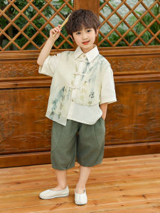 New Chinese Style Boys Hanfu Set Short Sleeve Summer Childrens Clothing Cotton Blend Fabric Traditional Tang Costume for Kids