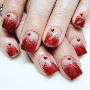 24pcs/Set Short Medium Square Fake Nails Gradient Red Glitters with Heart Design for Valentines Day Wedding Press On Nail Art