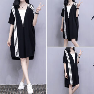 Loose Sporty A-Line Dress Hoodie Skirt Summer New Style plus Size Women Zipper Casual round Neck Short Sleeve Midi Dress
