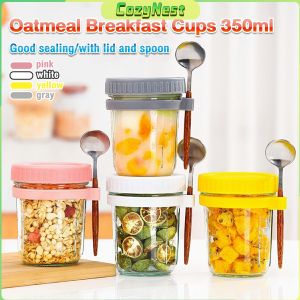 C.N. 350ml Reusable Overnight Oats Jars With Spoon Airtight Oatmeal Cup Container Breakfast Cups