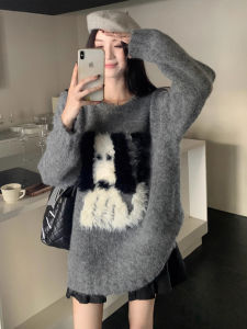BINKAFENNY | Cartoon Dog Knitted Sweater Womens Loose Round Neck Soft Cozy Autumn Winter Top Korean Style Commute Fashion Regular Fit