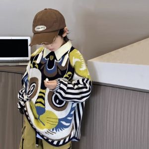 Trendy Cartoon Knitted Sweater for Boys Loose Casual Base Layer Shirt Korean Style round Neck Long Sleeve Soft Acrylic Blend