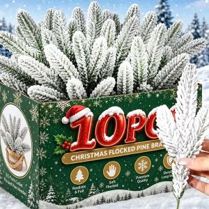 5/10Pcs Christmas Pine Needle Branch Cypress Leaf Flocked Pine Xmas Tree Artificial Fake Plant Wreath Ornament Snow Twig Decor