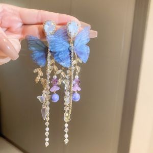 Blue Butterfly Drop Earring Women Imitation Pearl Crystal Long Tassel Chain Rhinestone Earring Party Wedding Jewelry Gifts K0