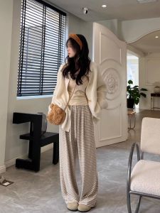 Slimming Straight Leg Pants Womens High Waist Wide Leg Casual Trousers Floor-Length Drawstring Stripe Pants Versatile