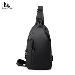 LouisWill Mens Shoulder Bag Waterproof Oxford Cross Body Chest Bag USB Hole Earphone Hole Design Double Layer Zipper Bag Large Capacity Messenger Bag Travel Phone Pouch Fashion Chest Bag