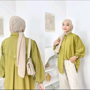 Kemeja Laura Blouse Polo Linen Terbaru Oversize Model Variasi kancing Belakang