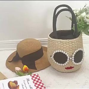 Japanese Style Straw Handbag Cute Cartoon Glasses Red Lips Woven Bucket Bag Rattan Handheld Tote Bag For Women Beach Trip