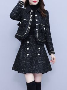 Elegant Retro Womens Outfit Skirt Set plus Size Autumn Winter British Style Two-Piece Set Beautiful Atmosphere Lady Coat Skirt Combo