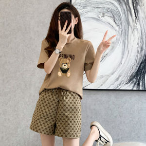 Summer New Loose round Neck Print Short Sleeve Running Two Piece Set Womens Casual Sportswear Cotton Short Pants