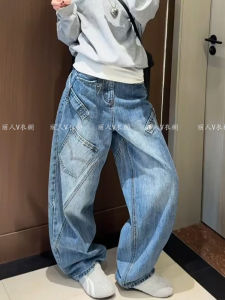 American High Street Design Pocket Patchwork Work Pants Womens Spicy Girl Vintage Washed Knife Long Pants Relaxed Fit