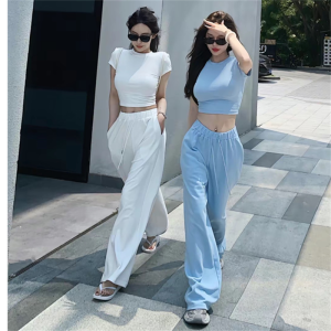 Bộ Đồ Thể Thao Thường Ngày Thời Trang Mùa Hè Cho Nữ Áo Thun Cổ Tròn Tay Ngắn Ôm Vừa Vặn Quần Ống Rộng Bộ Hai Mảnh