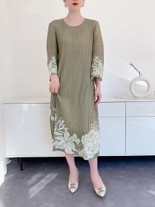 L–1081F One Size (45-75kg) Miyake Pleated Women Spring Summer Chinese Style Print Midi Dress