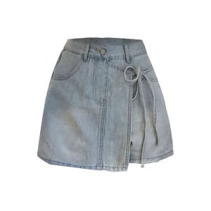 High Waist Slimming Asymmetrical Denim Shorts Womens Fashionable Belted Skirt Pants Casual Cotton Standard Fit A-Line Skirt