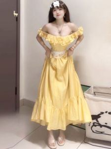 CHANGTONG | Off-shoulder Square-neck Yellow Dress