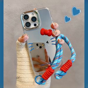 Hellokitty Mirror Surface Phone Case with Wrist Strap Cartoon Design Compatible with  16 15Promax 14 And More