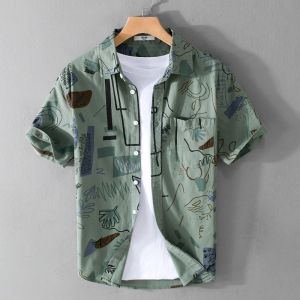 Loose Mens Summer Casual Short Sleeve Shirt Vintage Five-Quarter Sleeve Outerwear Youth Trendy Thin Fabric Flip-Collar Other