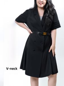 LANGPIN | Slimming V-neck Maxi Dress For Women Summer Commute High Waist A-line Skirt Thin Fabric Korean Style Short Sleeve Casual Wear