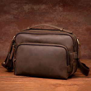 Slow Time New Arrival Crazy Horse Leather Small Mens Bag Retro Shoulder Bag Casual Crossbody Bag Cowhide Leather Horizontal Messenger Bag