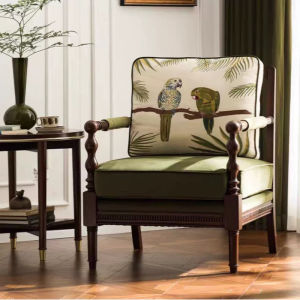 American Style Parrot Embroidery Solid Wood Living Room Casual Chair French Mid-century Style Home Use Single Sofa Chair Villa Tiger Chair