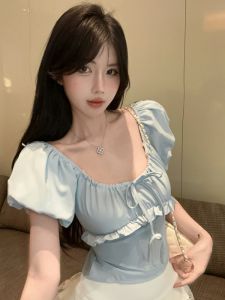 GUZILIAN | French Sweet Butterfly Knot Anti-Aging Design Summer New Leaf Edge Bubble Sleeve Fashion Short Top Korean Style Slim Fit Pure Color