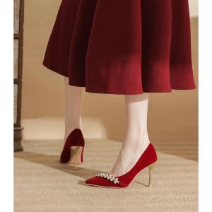 Elegant Chinese Red Wedding Shoes Pointed Toe High Heels Comfortable for Brides Fashionable Thin Heel Footless Single Shoes