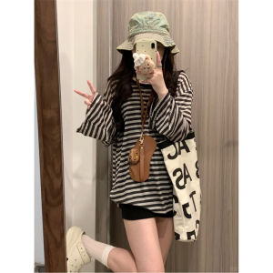 Summer New Style Womens Striped Loose Long Sleeve T-shirt Korean Version Comfortable Inner Wear Casual Lazy Style Top