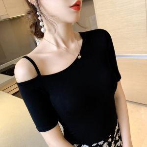 Half Sleeve T-Shirt Women Retro Hong Kong Style Summer New Arrival Oblique Shoulder Strap Tight Tops Women off-Shoulder Pure Cotton Short Sleeve T-Shirt