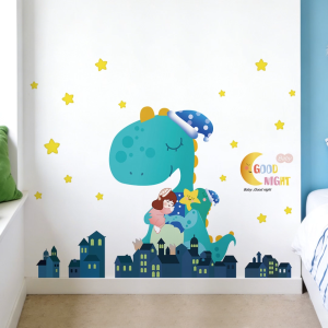 Decal giấy dán tường Khủng long dưới bầu trời sao có keo sẵn - Trang trí phòng ngủ cho bé