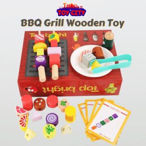 Wooden Pretend Play BBQ Set Barbecue Play House Toy Set Learning Cooking Toys Fun Grill & Serve BBQ Set [READY STOCK]