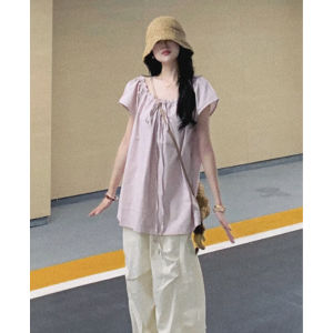YUEZHONGWEI | Pink Short Sleeve Loose Shirt Womens Summer Design Sense French Style Small Capitalism Top Medium Length Flying Sleeve Shirt