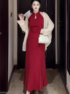 Slimming Cheongsam Dress Large Size Womens Pear Shaped Body Elegant High Waist Fish Tail Skirt Korean Style Long Sleeve Summer Dress