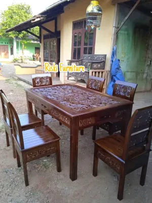 kursi meja makan k6 model full ukiran bahan kayu jati Jepara