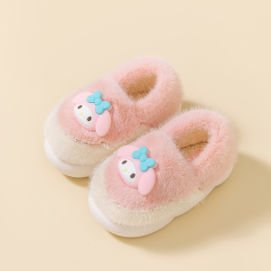 รองเท้าแตะผ้าฝ้ายสำหรับเด็ก ฤดูใบไม้ร่วง/ฤดูหนาว รองเท้าแตะขนแกะสำหรับเด็กผู้หญิงในบ้าน รองเท้าแตะแบบสวมหัว พื้นรองเท้า PVC