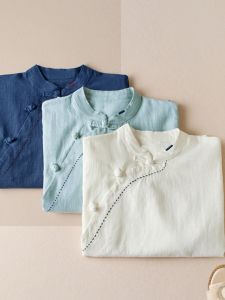 เสื้อเชิ้ตผู้หญิงสไตล์จีนใหม่ ทรงหลวม ทรงเข้ารูป คอตั้ง แขนยาว ปกติ สีสันสดใส ผ้าฝ้ายผสมลินิน ชุดทานชา เสื้อเชิ้ตผู้หญิง