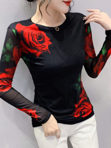 Young Mother Autumn Wear Beautiful Mesh Bottoming Shirt Womens Long Sleeve Chic Print Tops round Neck Slim Fit Slimming T-shirt