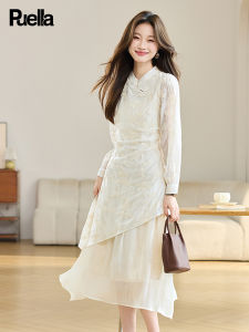 puella | Chinese Style Modified Cheongsam Long Sleeve Embroidered Two-Piece Effect Maxi Dress