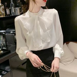 Áo Sơ Mi Voan Nữ Tay Dài Cổ Cao Họa Tiết Bướm Thanh Lịch Mùa Thu 2025 Phong Cách Mới Chất Liệu Khác 100% Dáng Rộng