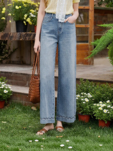 XIANGYING | Womens Embroidered Retro Blue Loose Wide Leg High Waist Straight Jeans