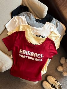 GUZILIAN | Summer New Fashionable Korean Style Round Neck Letter Print Short Sleeve Slim Fit Backless Design T-Shirt Womens Top