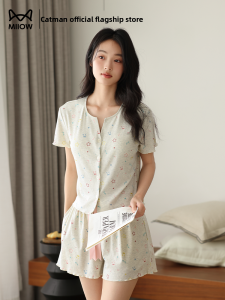 Miiow | MiiOW Ice Silk Womens Summer Sleepwear Short Sleeve Home Clothes Set Sweet Style Can Be Worn Outside Comfortable Breathable