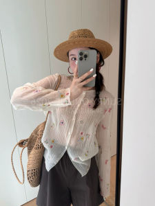 ZHILU | Embroidered Flower Crinkled Sunscreen Light Breathable Sheer Shirt