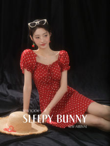 Retro Red Polka Dot Square Neck Puff Short Sleeve Slimming Dress