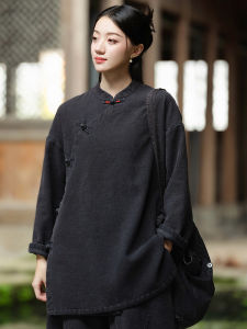 Original Cotton Linen Womens Winter Thickened Fleece Lined Button up Midi Length Zen Style Clothing Traditional Chinese Collar