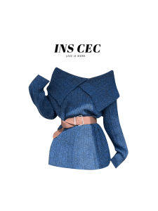 French Style Off-Shoulder Sweater Womens Autumn Winter Slimming Long Sleeve Crew Neck Pullover Top with Big Collar