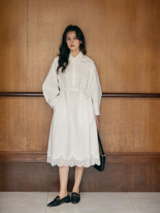 HeyDress White Shirt Dress Womens Autumn French Loose Lazy Lace Splicing Waist Inward Dress Cotton Casual Style Belted
