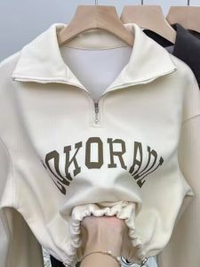 ปกโปโล เสื้อสเว็ตเชิ้ต ผู้หญิง Early ฤดูใบไม้ร่วง Thin หลวม Short Half Zip Up เสื้อท่อนบน โพลีเอสเตอร์ ผ้าฝ้าย Blend K-style Work Clothing