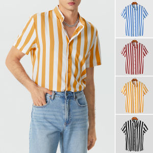 Medussa INCERUN Mens Short Sleeve Striped Beachwear Shirts Casual Holiday Tee Tops Shirts (Western Style)